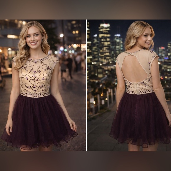 Dresses & Skirts - Elegant Deep Purple and Cream Evening Dress HOCO Party Dress Prom